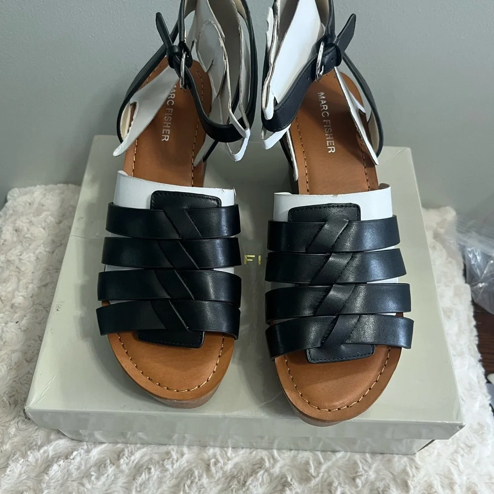 Marc Fisher Pastya ankle‎ strap heel wedge sandal black NEW 10